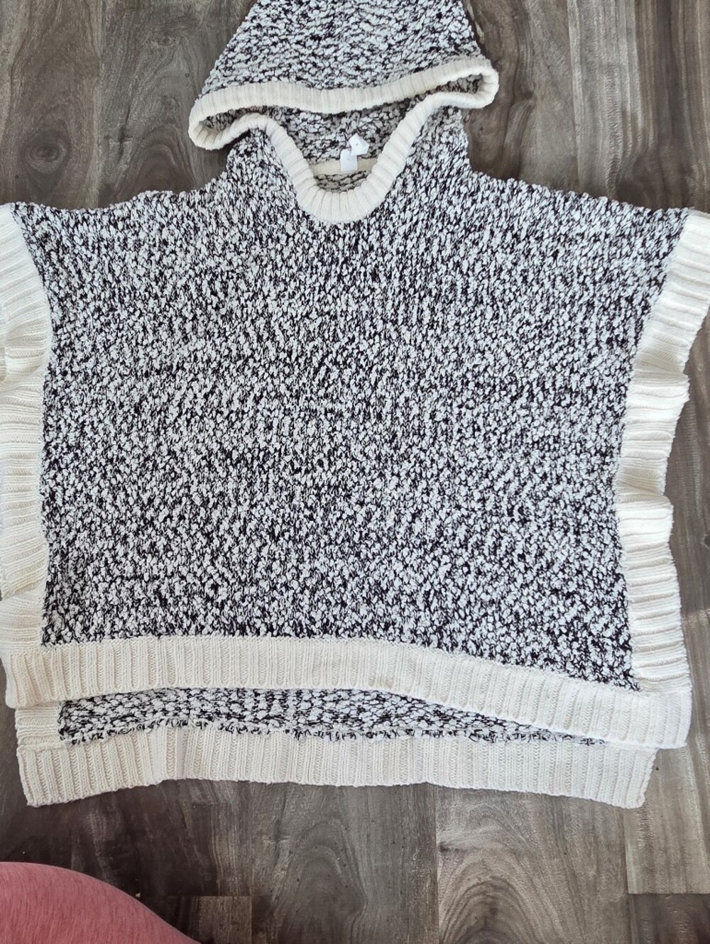 Women's Hooded Marled Knit Poncho - Cream & Black